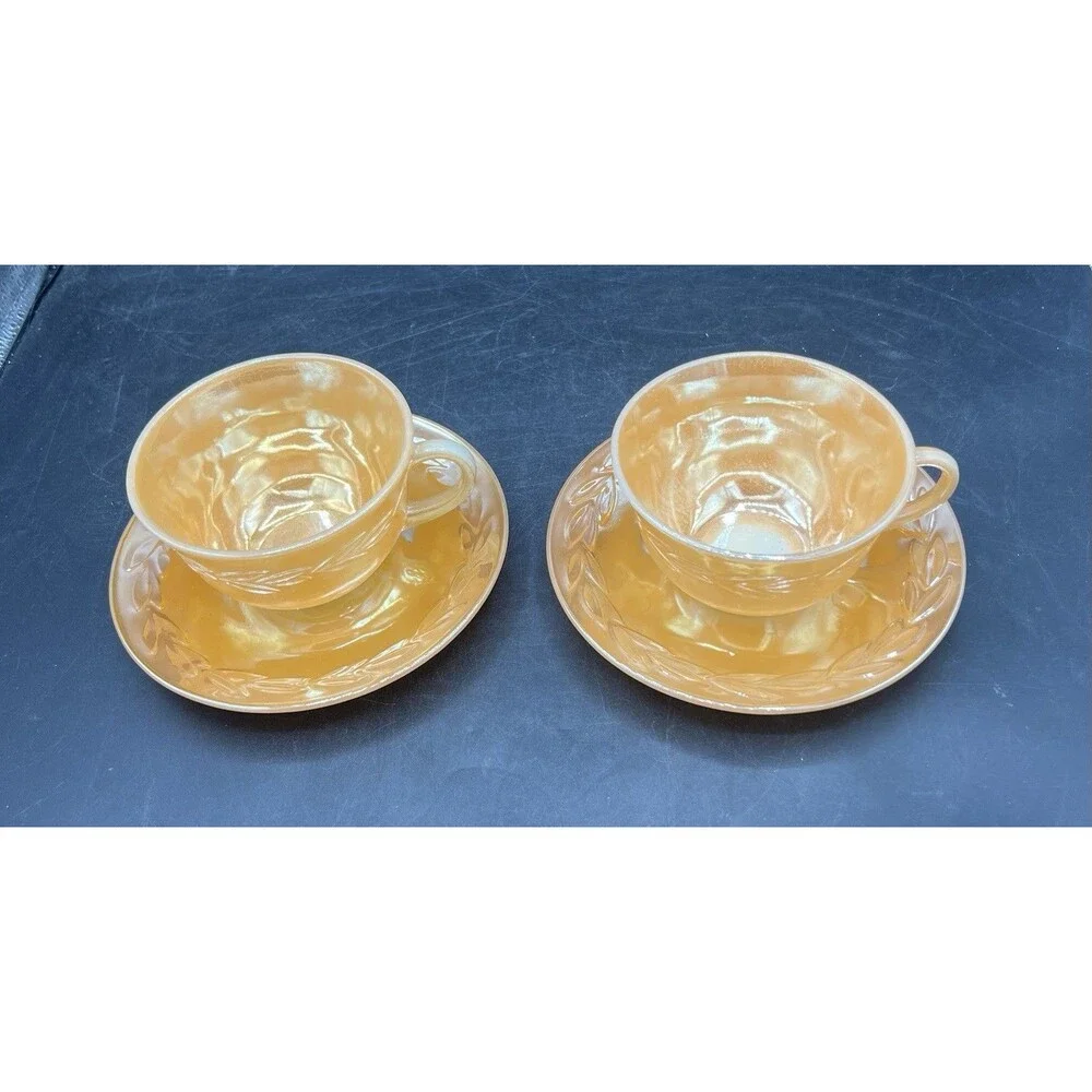 Vintage Fire King Peach Lustre Laurel Leaf 2 Cups 2 Saucers Anchor Hocking